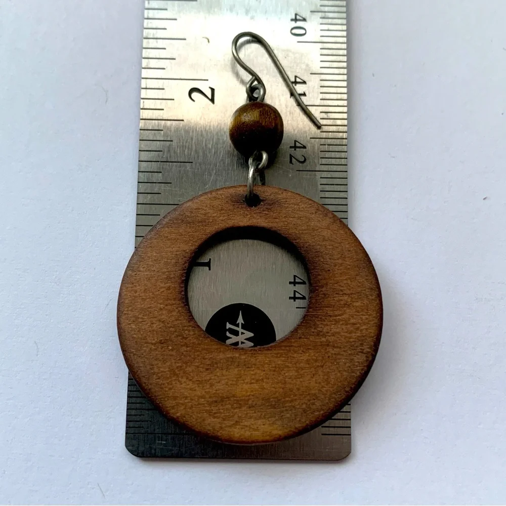 Brown Wood Earrings with Heart and Circle Designs